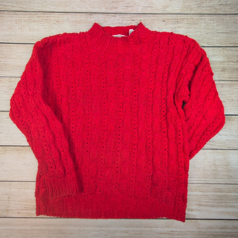 90s Cape Isle Knitters Red Cable Knit Sweater Womens Medium‎ Hand Knit Mock Neck